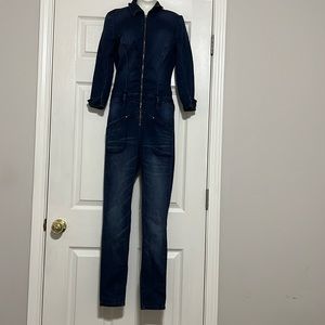 Bebe blue denim straight leg jumpsuit, size 2